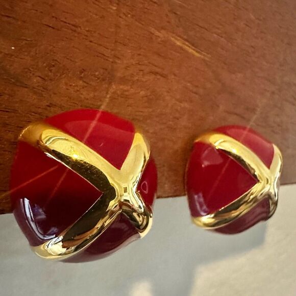 St. John Red Enamel & Gold-Tone "X" Clip-On Statement Earrings - Picture 3 of 11